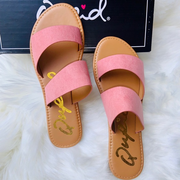 Qupid Shoes - Vegan suede two band Slide Sandals Ash Rose